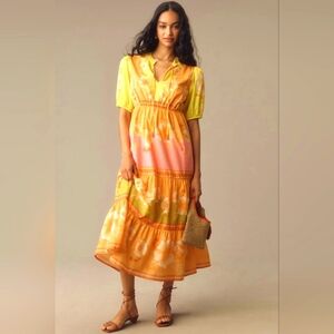 NWT Farm Rio x Anthropologie Short-Sleeve Tiered Midi Dress, Medium